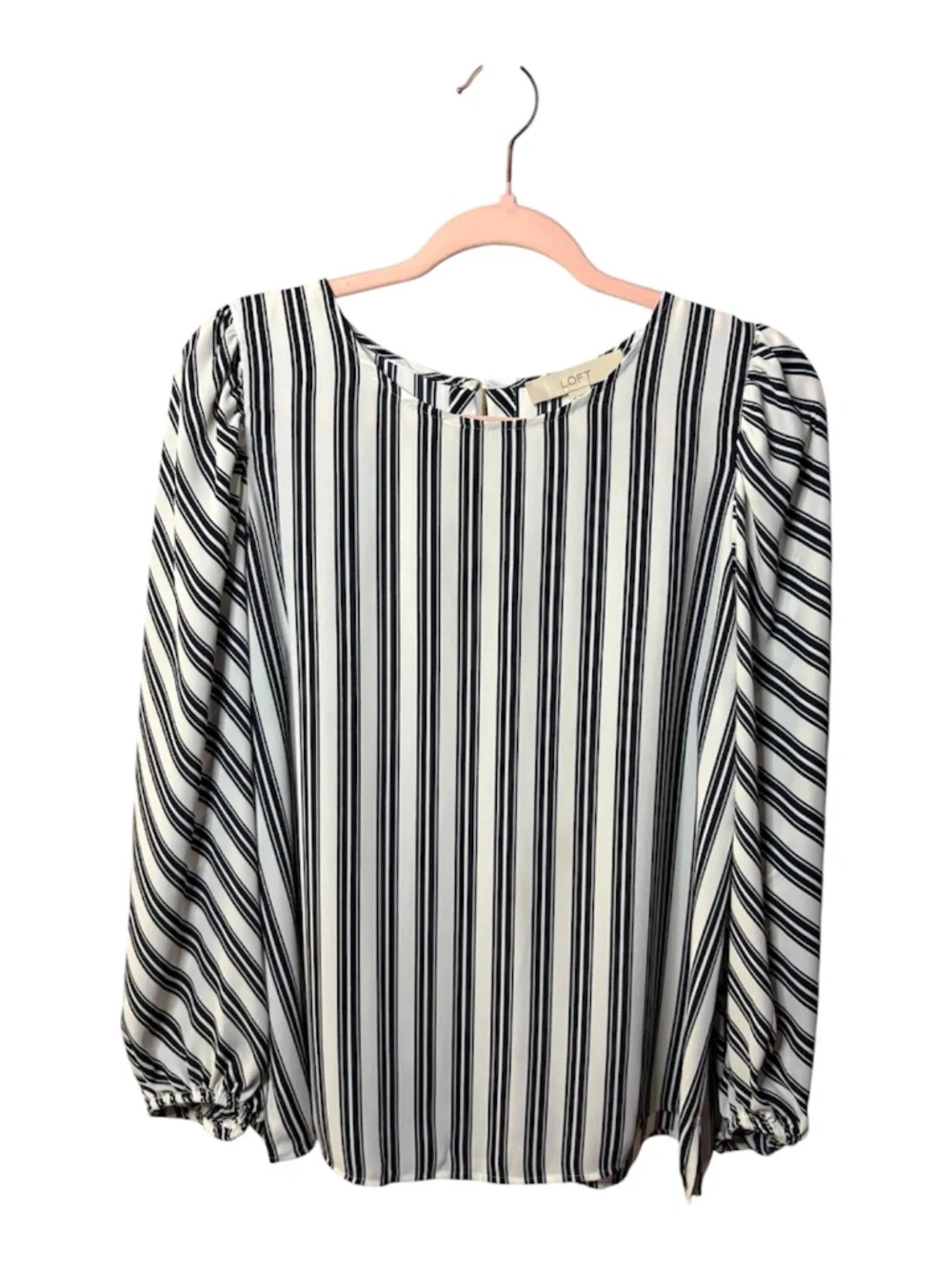 LOFT Black & White Vertical Stripe Puff Sleeve Blouse